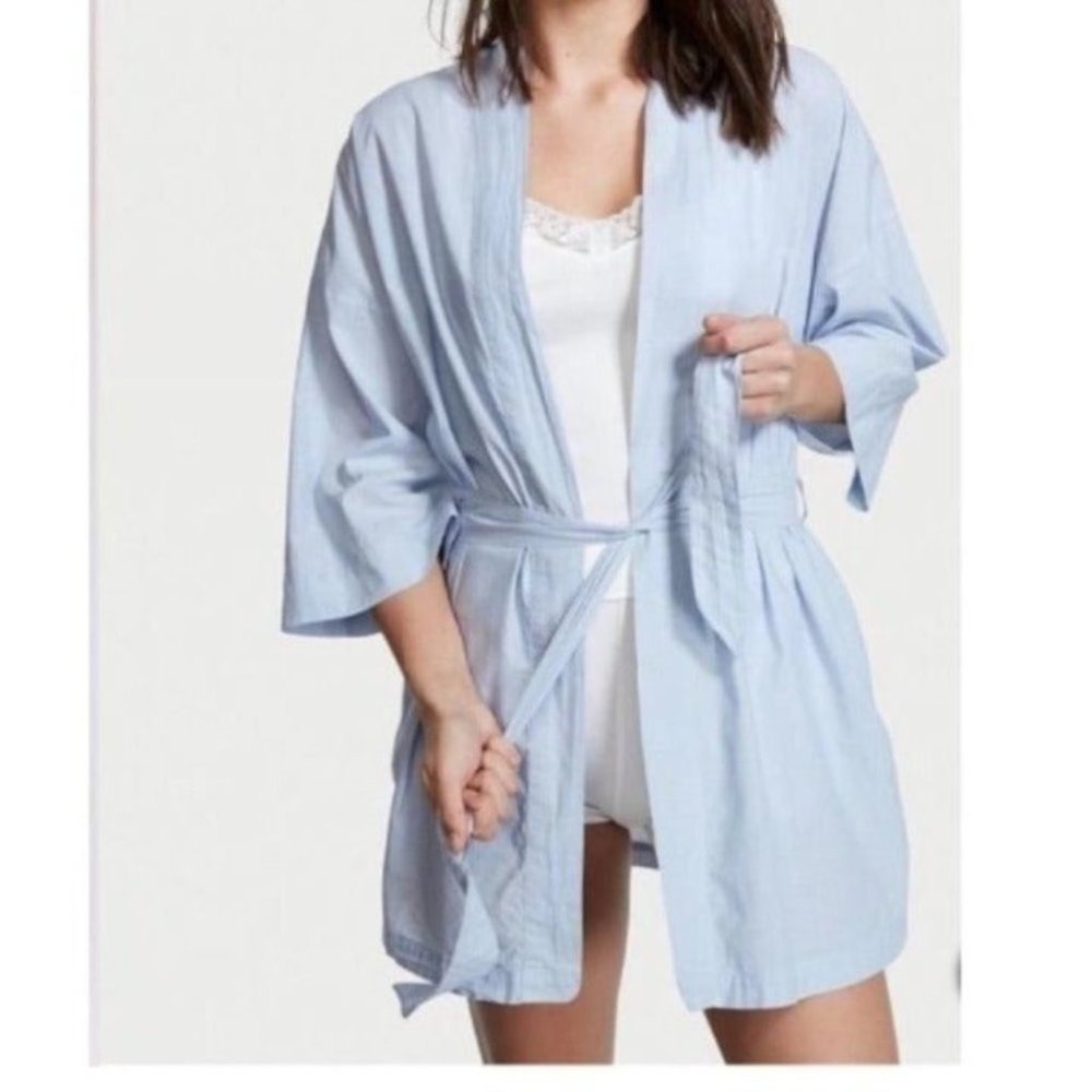 VICTORIA'S SECRET Lightweight Cotton Kimono Robe Light Blue Large - Picture 3 of 4